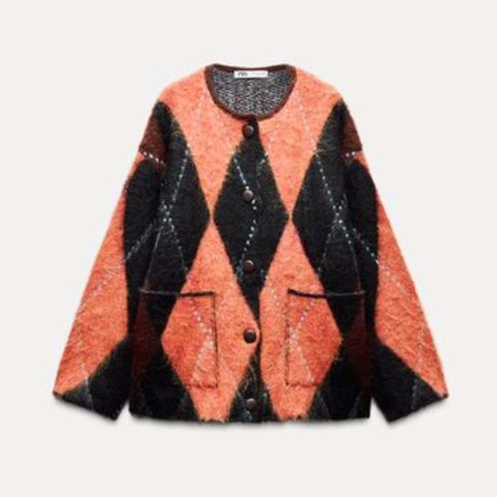NWT ZARA KNIT JACQUARD CARDIGAN S | Brown Ref 4192/119